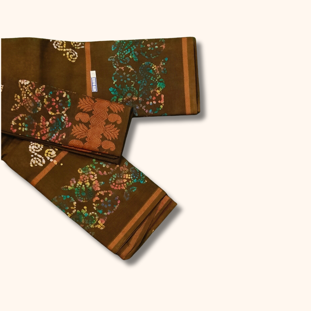 Coffee Brown Sungudi Cotton Saree with Multicolor Batik Floral Design & Matching Blouse Piece