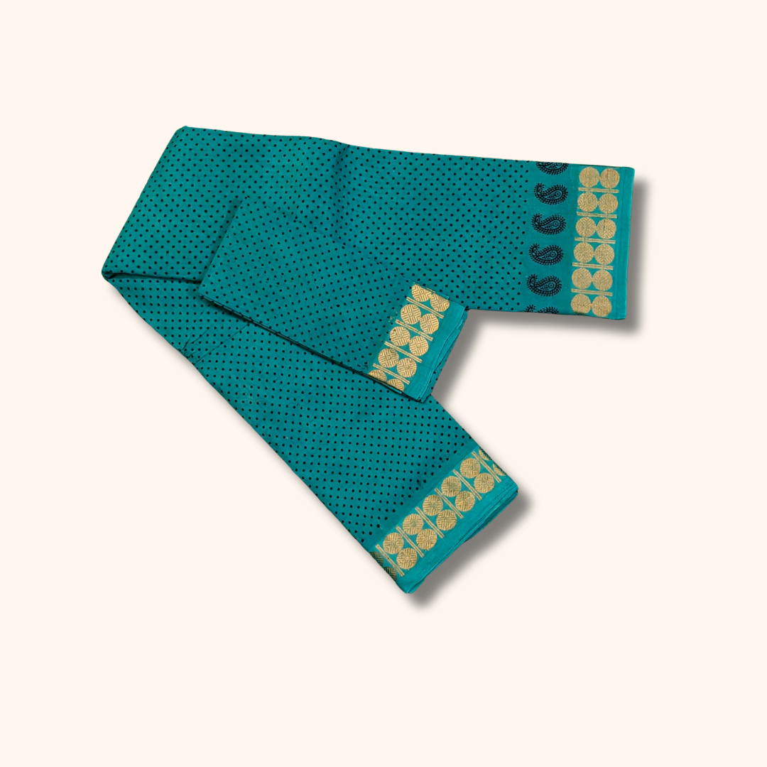 Turquoise Dot Print Cotton Saree with Gold Zari Border
