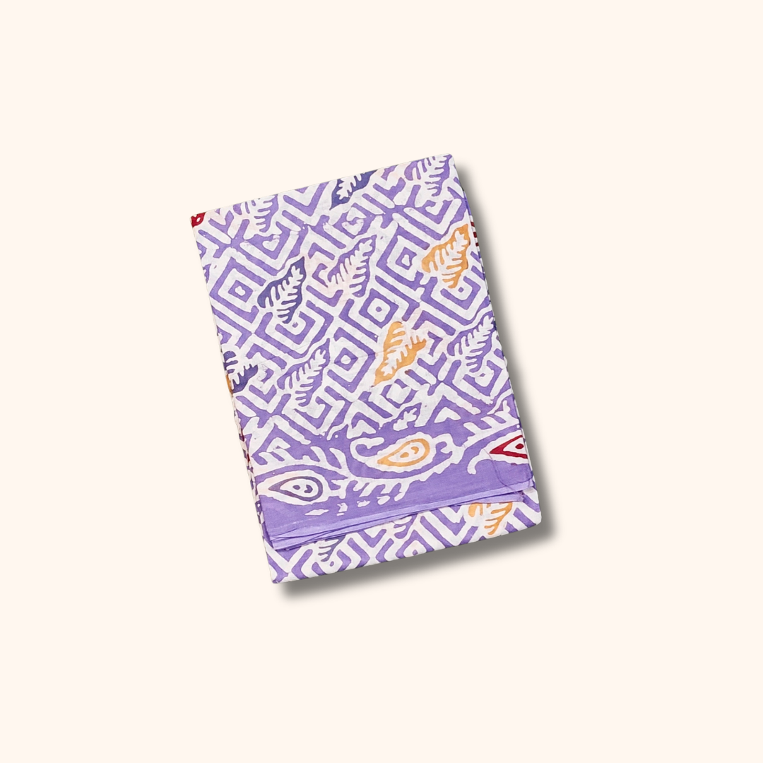 Lavender Batik Cotton Saree Geometric & Leaf Print Running Blouse Included