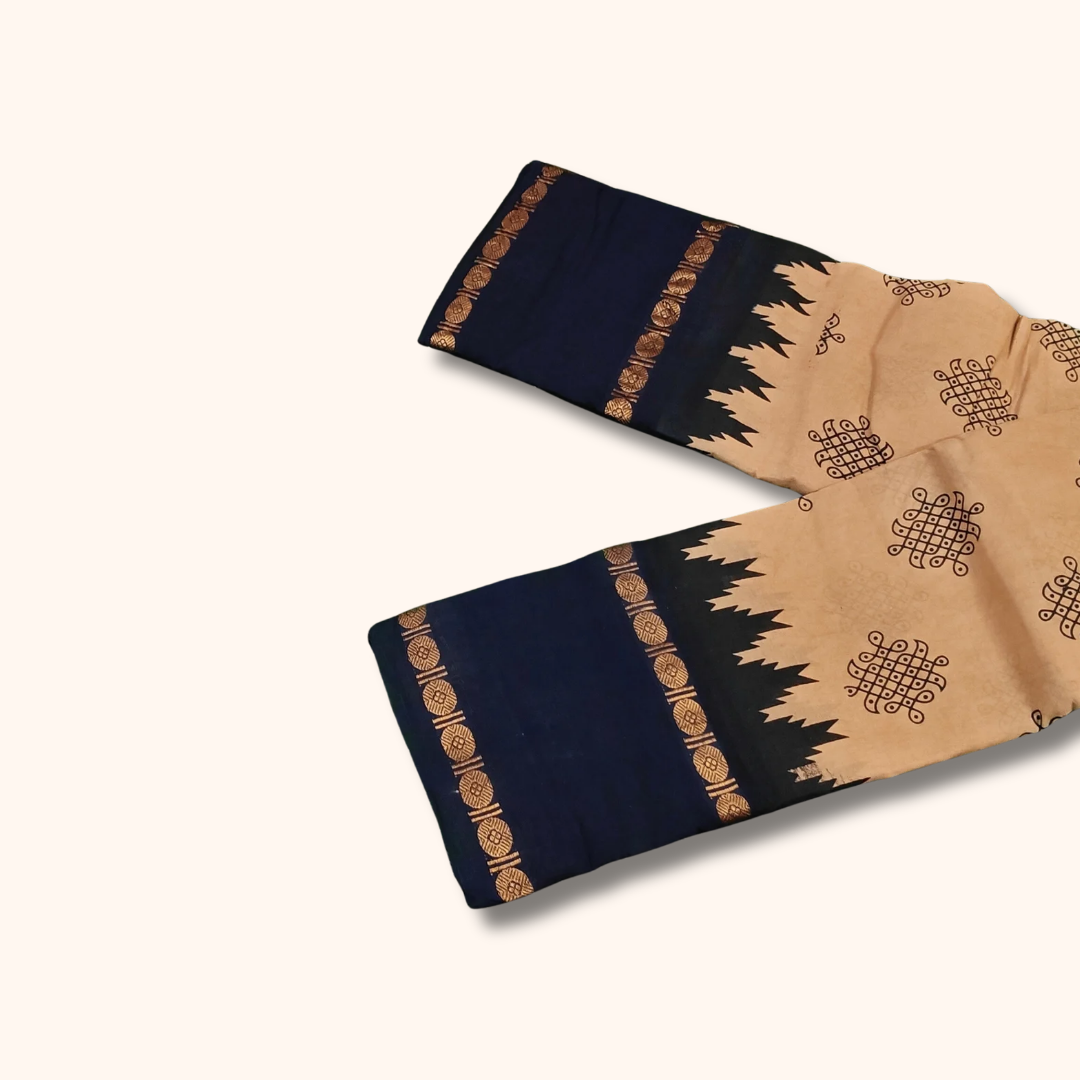 Beige Kolam Sungudi Cotton Saree with Navy Blue Traditional Border