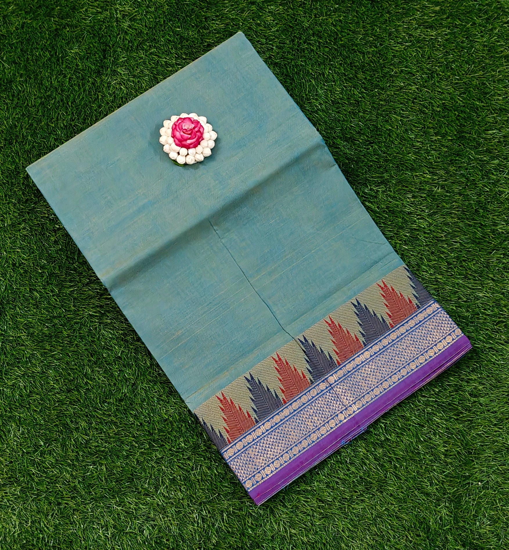 Sea Green Chettinad Cotton Saree with Contrast Temple Border
