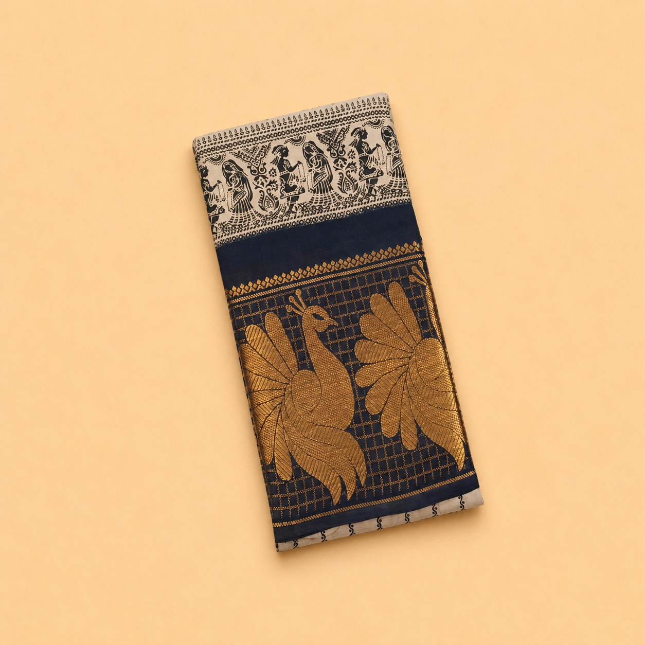 Ash Grey Printed Cotton Saree with Navy Blue Peacock Border