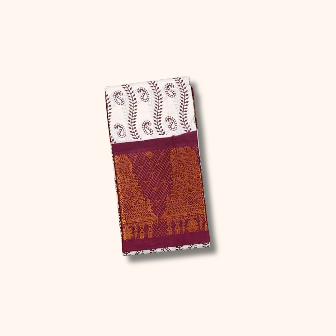Off White Sungudi Cotton Saree with Maroon Temple Border