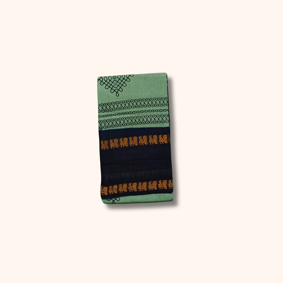 Mint Green Sungudi Cotton Saree with Navy Blue Traditional Border – Running Blouse