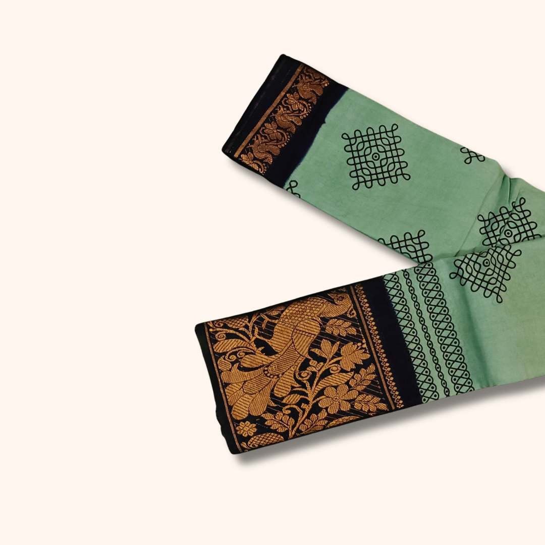 Mint Green Kolam Sungudi Cotton Saree with Peacock Border