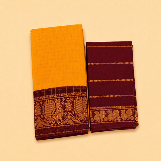 Mustard Yellow Checked Cotton Saree with Maroon Peacock Border