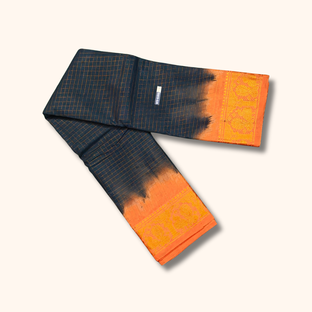 Black Thread Work Sungudi Cotton Saree with Peach Contrast Peacock Zari Border
