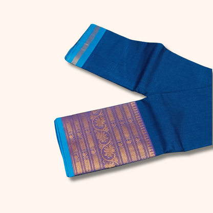 Royal Blue Chettinad Cotton Saree with Lavender Zari Border