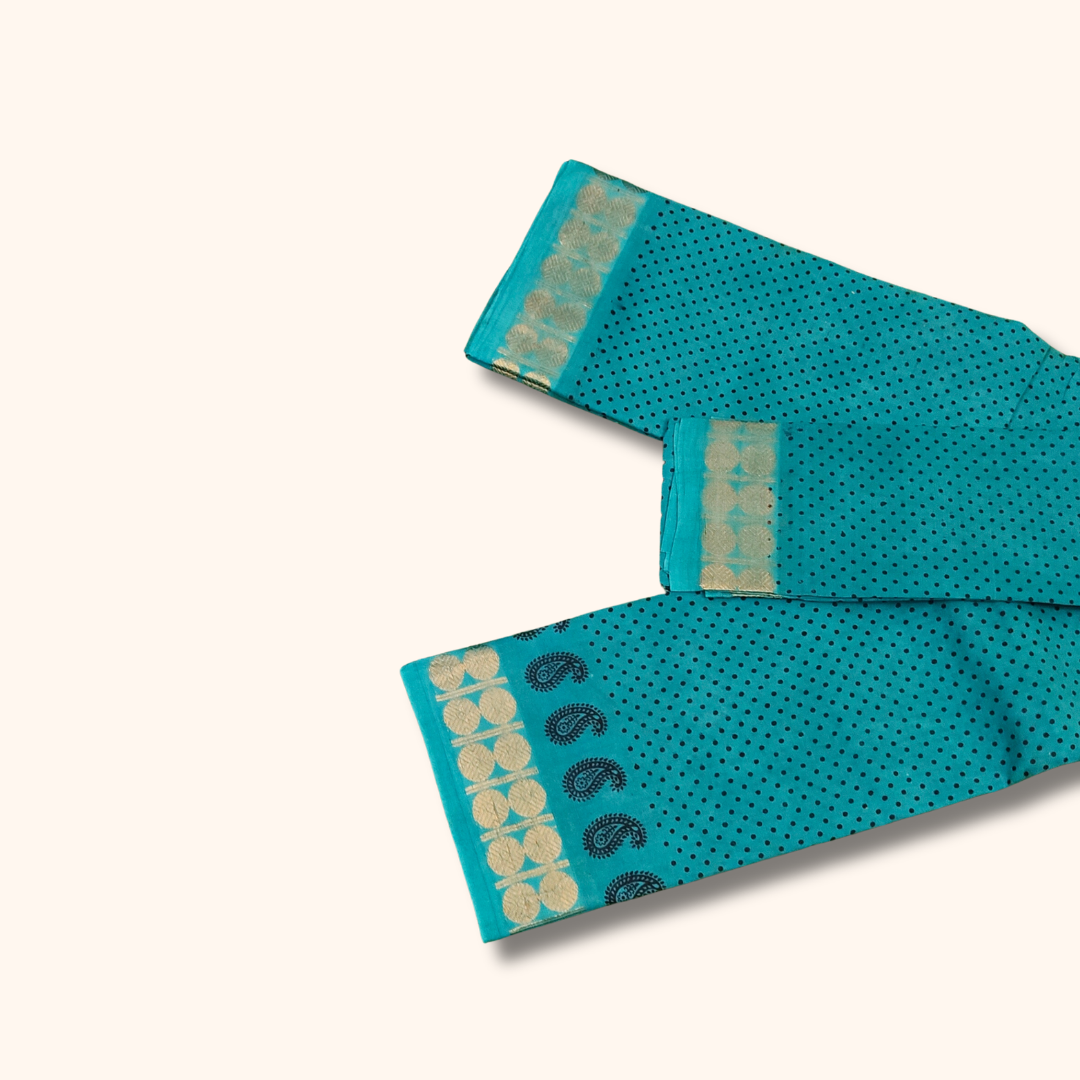 Turquoise Dot Print Cotton Saree with Gold Zari Border