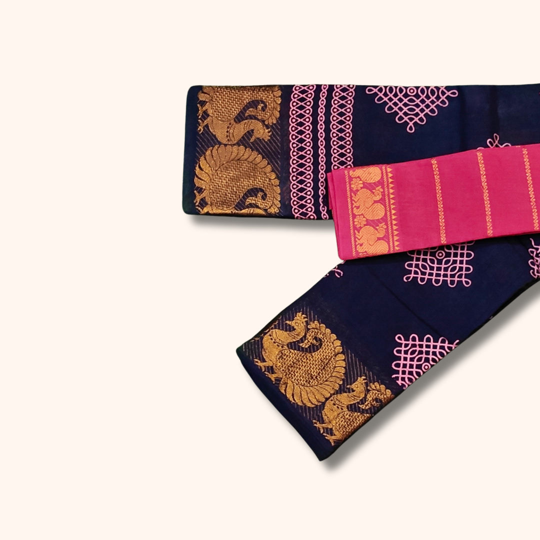 Navy Blue Sungudi Cotton Saree with Pink Kolam Print & Peacock Border