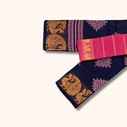 Navy Blue Sungudi Cotton Saree with Pink Kolam Print & Peacock Border