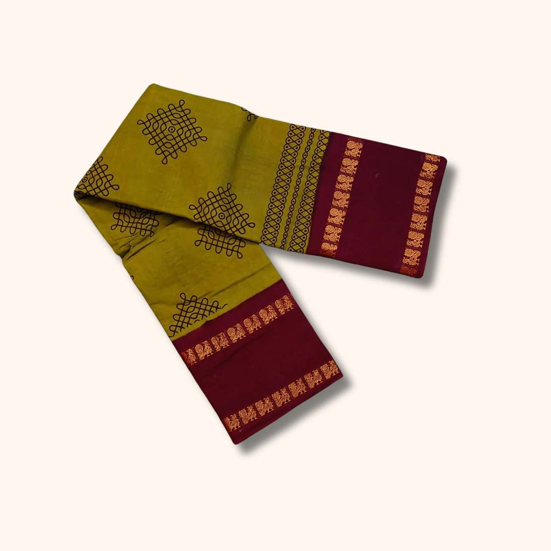 Olive Green & Maroon Kolam Cotton Saree with Running Blouse