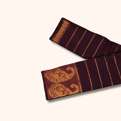Dark Coffee Brown Cotton Saree with Gold Peacock Border – Running Blouse