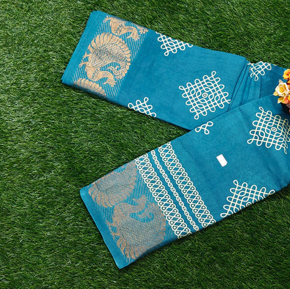 Beautiful Teal Blue Kolam Sungudi Cotton Saree with Peacock Zari Border