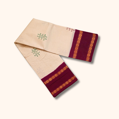 Cream Cotton Saree with Maroon Border and Traditional Motifs – Running Blouse