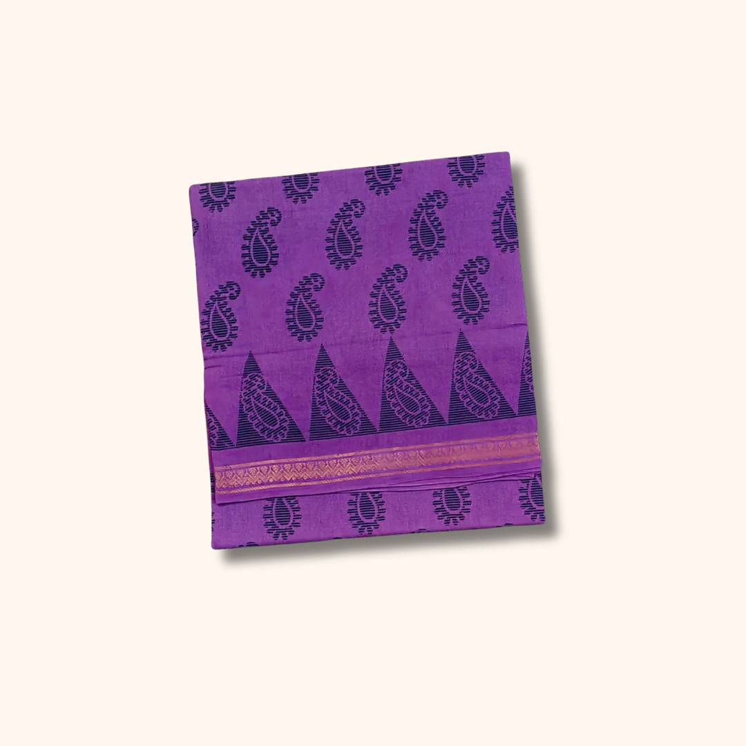 Purple Sungudi Cotton Saree with Traditional Paisley Motifs & Temple Border – Without Blouse