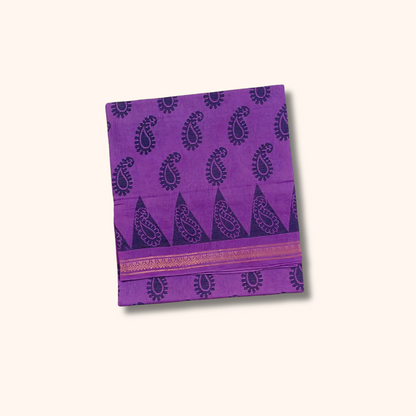Purple Sungudi Cotton Saree with Traditional Paisley Motifs & Temple Border – Without Blouse
