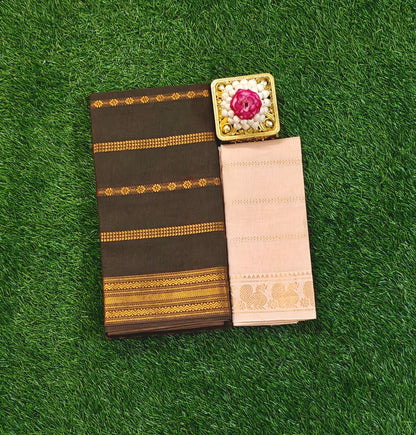Dark Olive Green Sungudi Cotton Saree with Gold Zari Stripes & Contrast Blouse