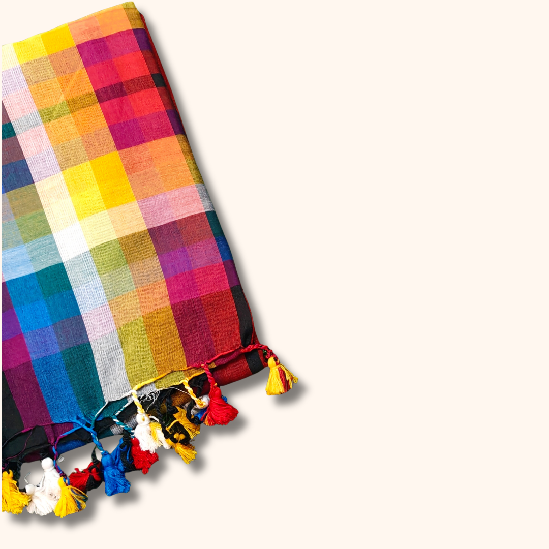 Multicolor Checks Mulmul Cotton Saree with Running Blouse & Tassels