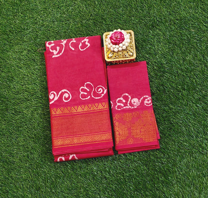 Reddish Pink Sungudi Cotton Saree with Batik Design & Zari Border