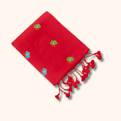 Mulmul Cotton Saree in Vibrant Red with Butterfly Motifs & Tassel Pallu