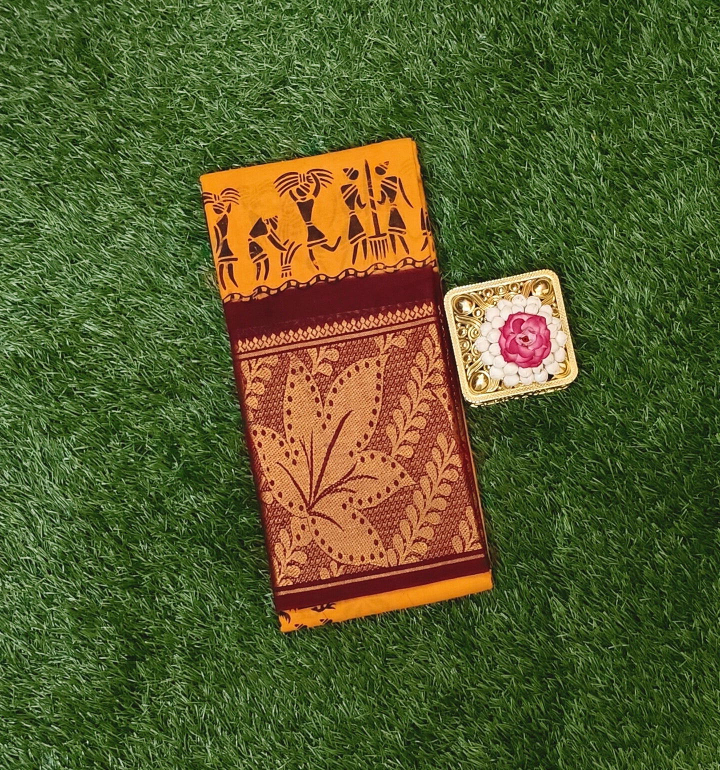 Mustard Yellow Printed Cotton Saree with Traditional Maroon Border