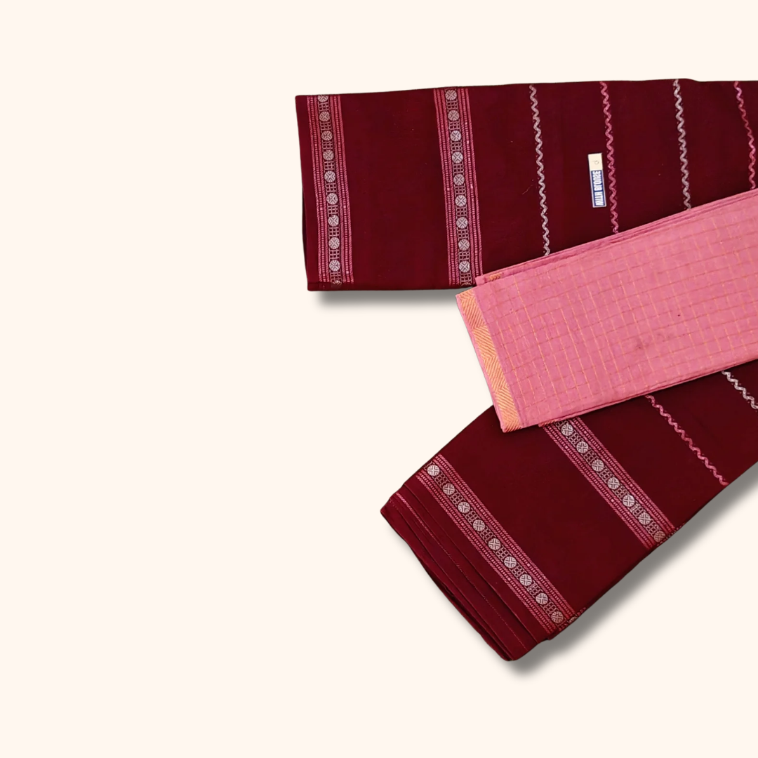 Maroon Sungudi Cotton Saree with Pink Contrast Blouse