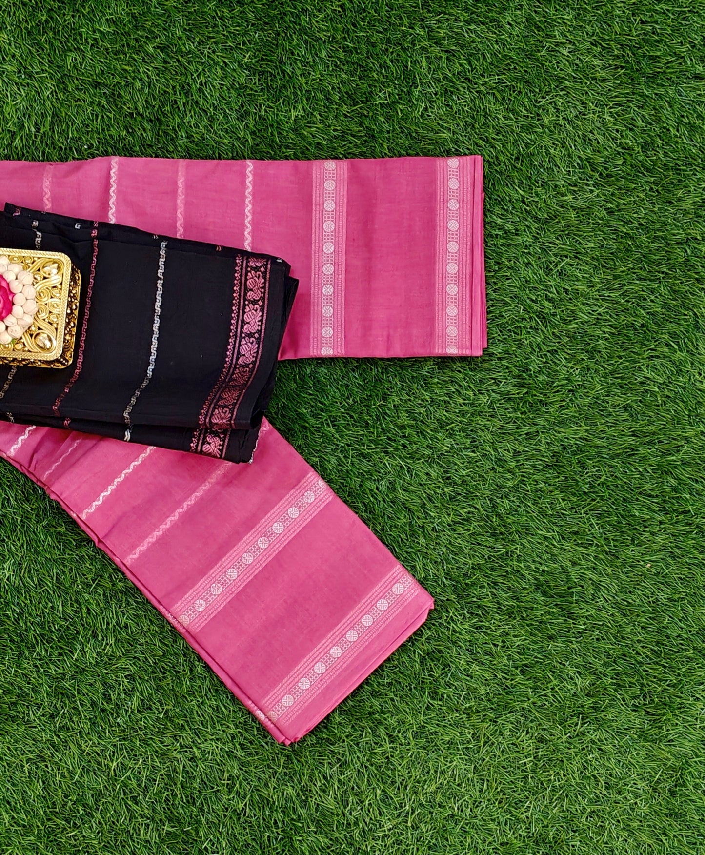 Classic Pink Saree with Black Blouse - Silver Zari Border