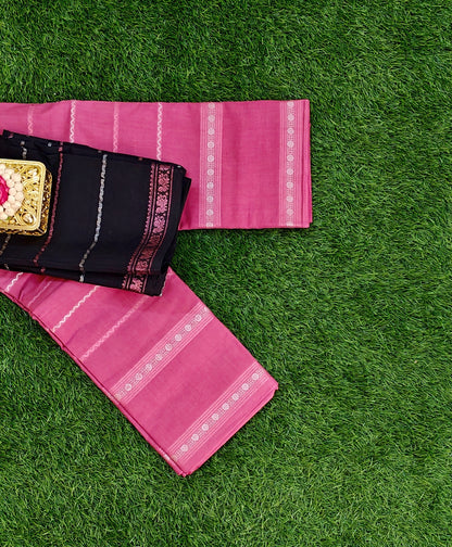 Classic Pink Saree with Black Blouse - Silver Zari Border