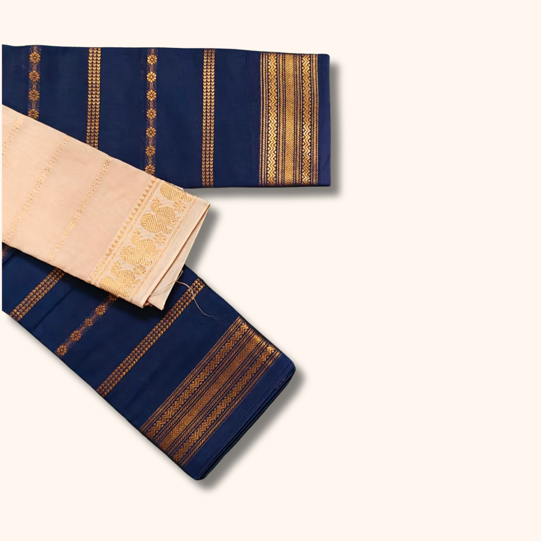 Royal Blue Sungudi Cotton Saree with Gold Woven Stripes & Contrast Cream Blouse Piece