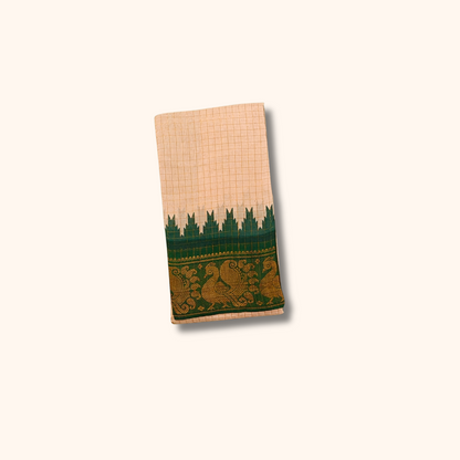 Beige with Gold Checked Sungudi Cotton Saree & Dark Green Peacock Zari Border