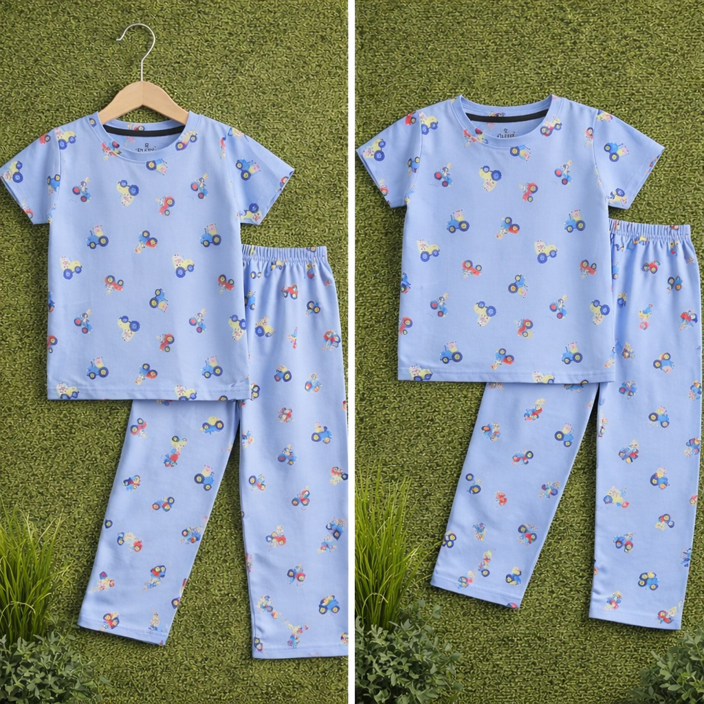 Kids Unisex Pure Cotton T-Shirt & Pant Set – Cute Tractor Print Comfort Wear (Sky Blue)