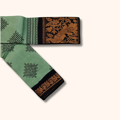 Mint Green Kolam Sungudi Cotton Saree with Peacock Border
