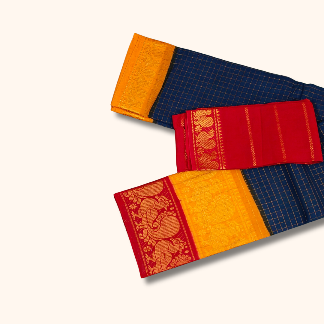 Navy Blue Chettinad Cotton Saree with Mustard & Red Temple Border