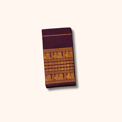 Coffee Brown Cotton Saree with Gold Traditional Border – Running Blouse