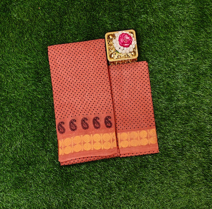 Tomato Orange Sungudi Cotton Saree with Traditional Dot Design