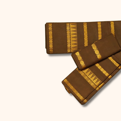 Coffee Brown Pure Sungudi Cotton Saree with Gold Zari Stripes - Separate Blouse