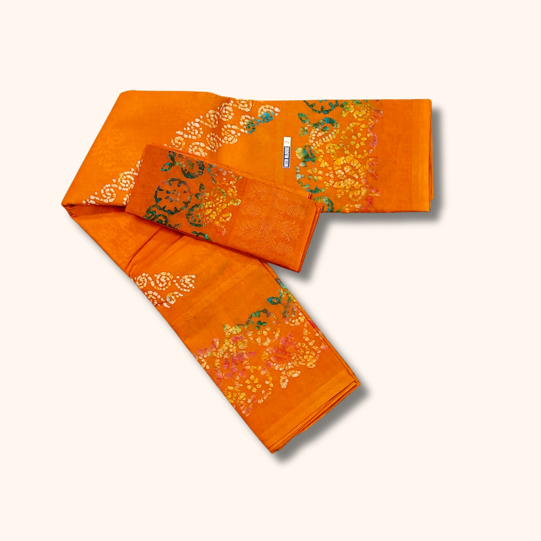 Bright Orange Sungudi Cotton Saree with Multicolor Batik Floral Design & Matching Blouse Piece