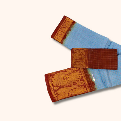 Light Blue & Maroon Pure Sungudi Cotton Saree with Traditional Zari Border