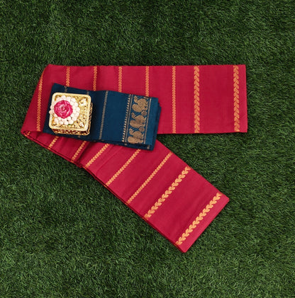 Classic Red Cotton Saree with Zari Stripes & Contrast Teal Blue Blouse