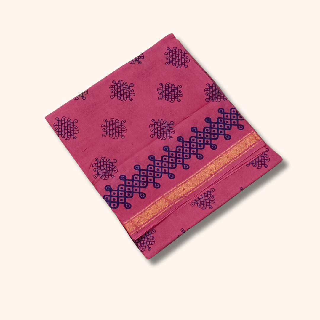 Rose Pink Kolam Print with Gold Zari Border