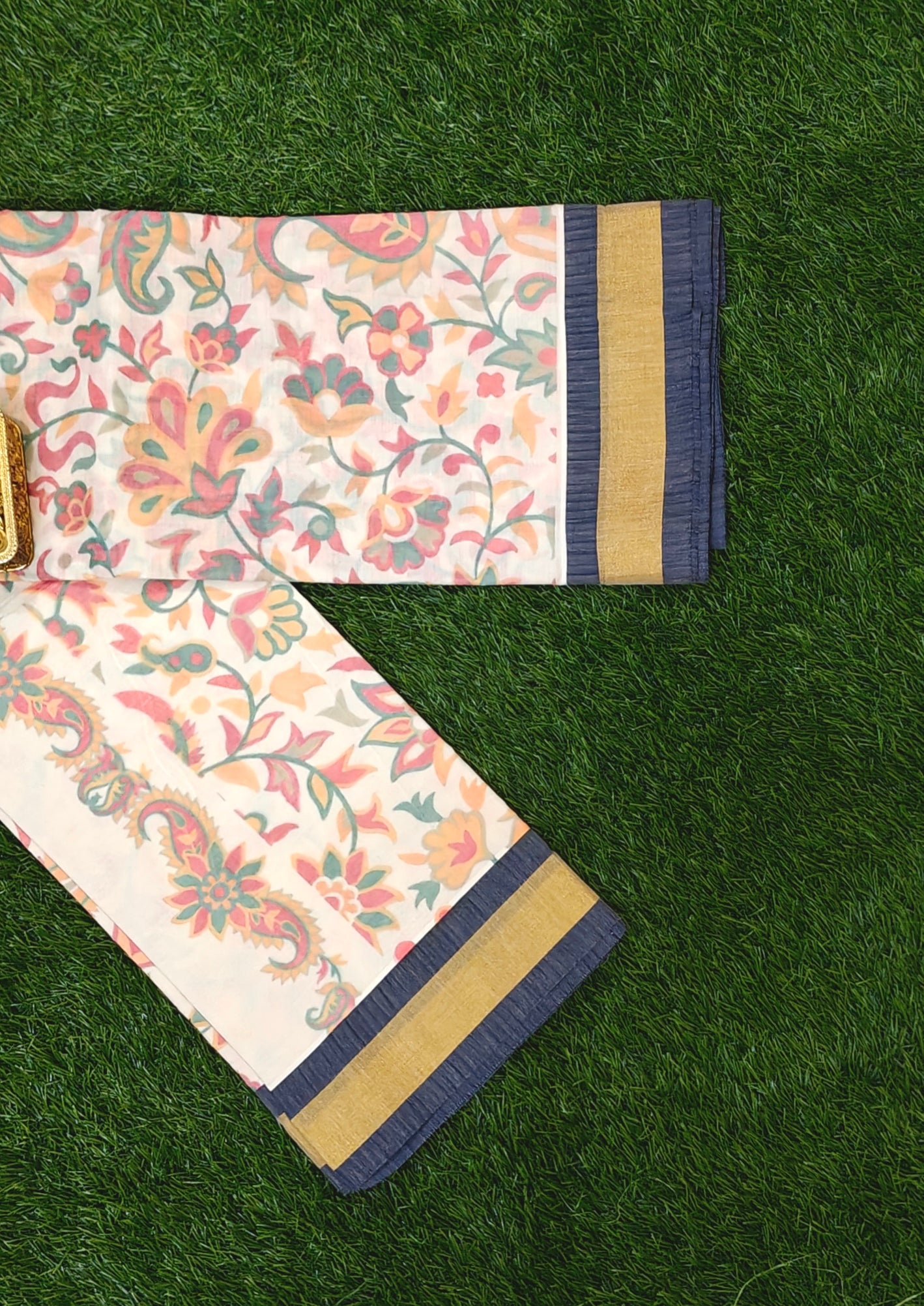 Cream Cotton Floral Printed Saree with Navy Blue & Gold Border