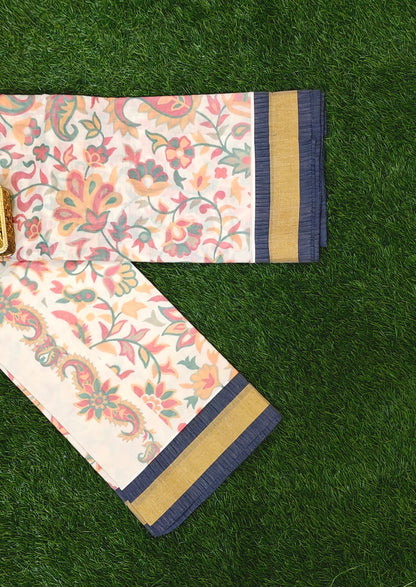 Cream Cotton Floral Printed Saree with Navy Blue & Gold Border