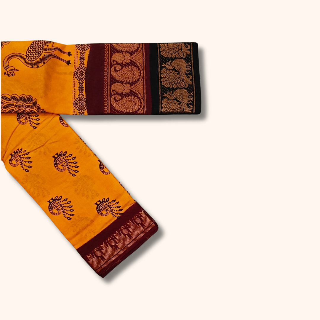 Mustard Yellow Peacock Print Double Border Sungudi Cotton Saree
