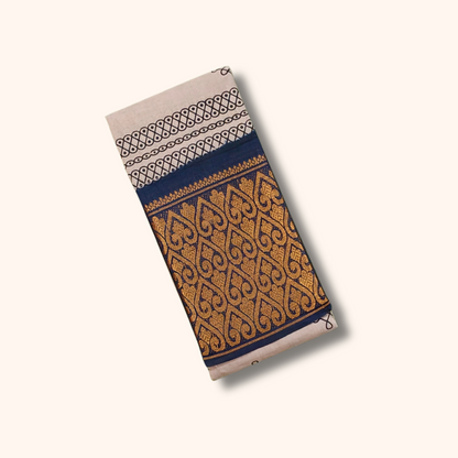 Ash Grey Kolam Cotton Saree with Navy Blue Designer Border