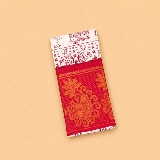 White and Red Printed Cotton Saree with Traditional Motif Border