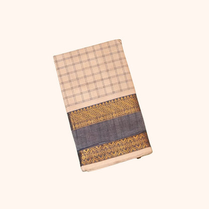 Cream Checked Chettinad Cotton Saree with Grey colour Border