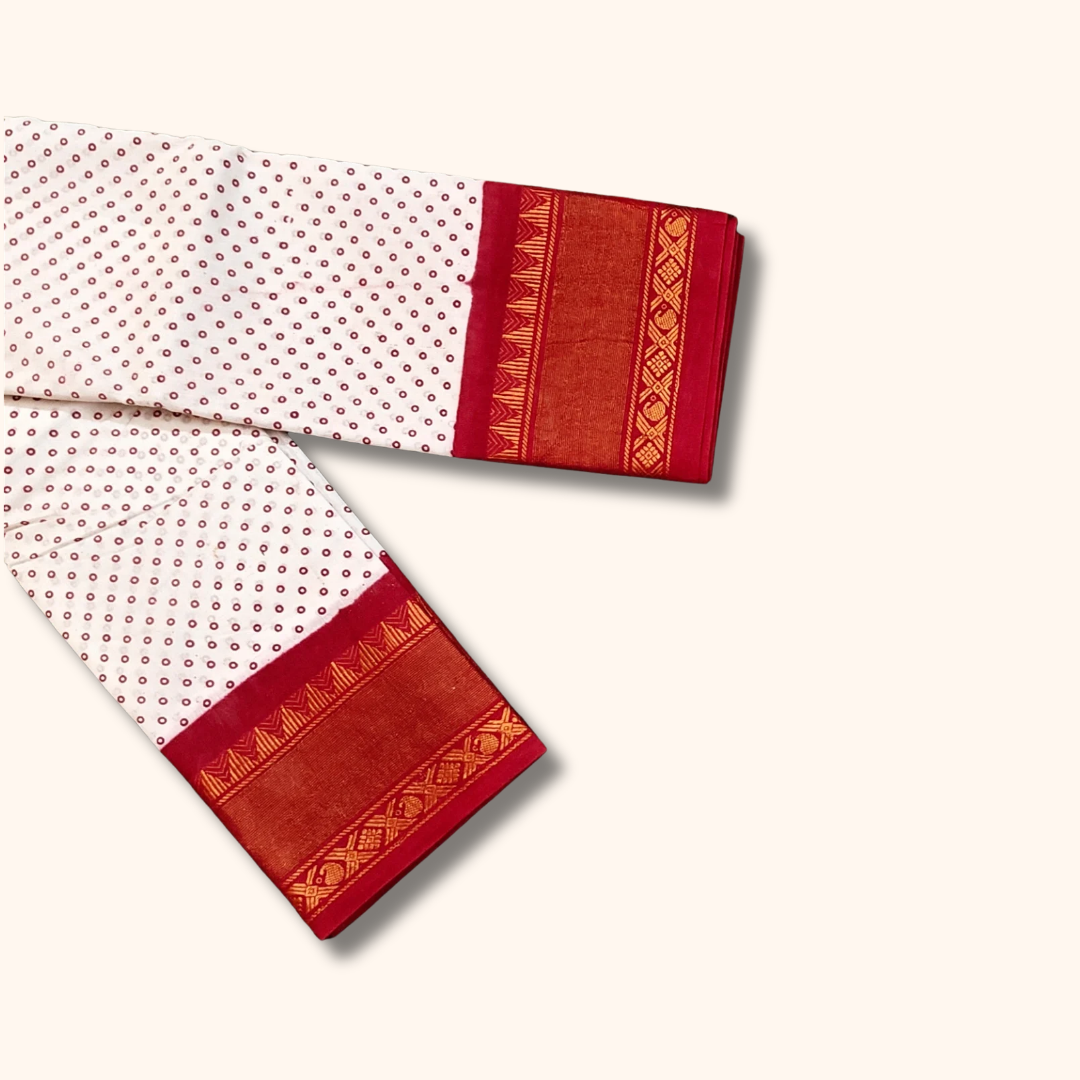 Off-White & Red Sungudi Cotton Saree with Small Dot Pattern & Zari Border
