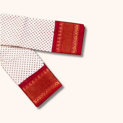 Off-White & Red Sungudi Cotton Saree with Small Dot Pattern & Zari Border