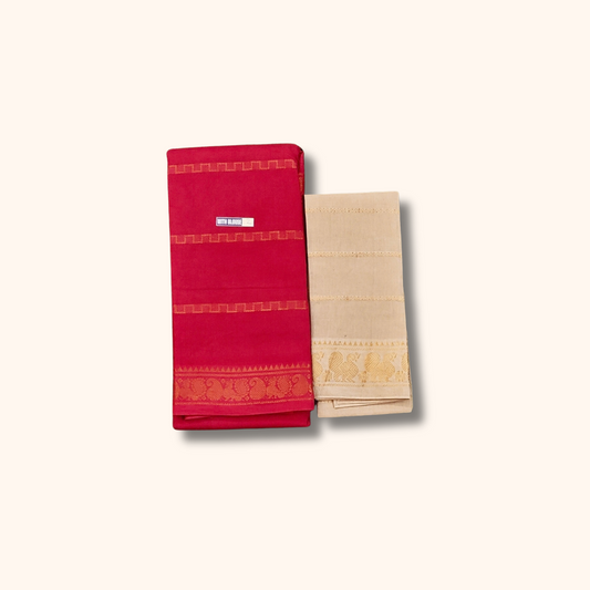Red Cotton Saree with Gold Zari Geometric & Floral Border – Separate Blouse